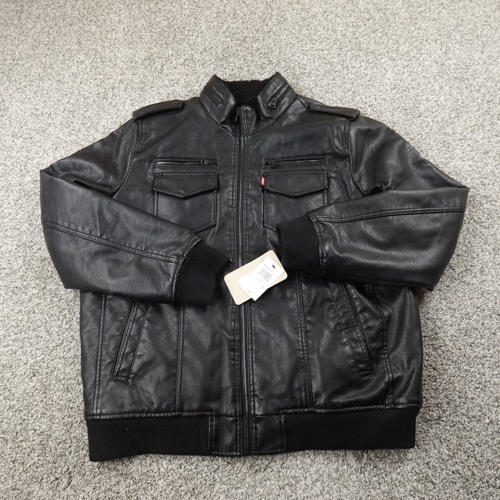 NEW Levis Jacket Mens XL Black Faux Leather Sherpa Lined Zip Trucker Bomber Coat - Picture 2 of 12